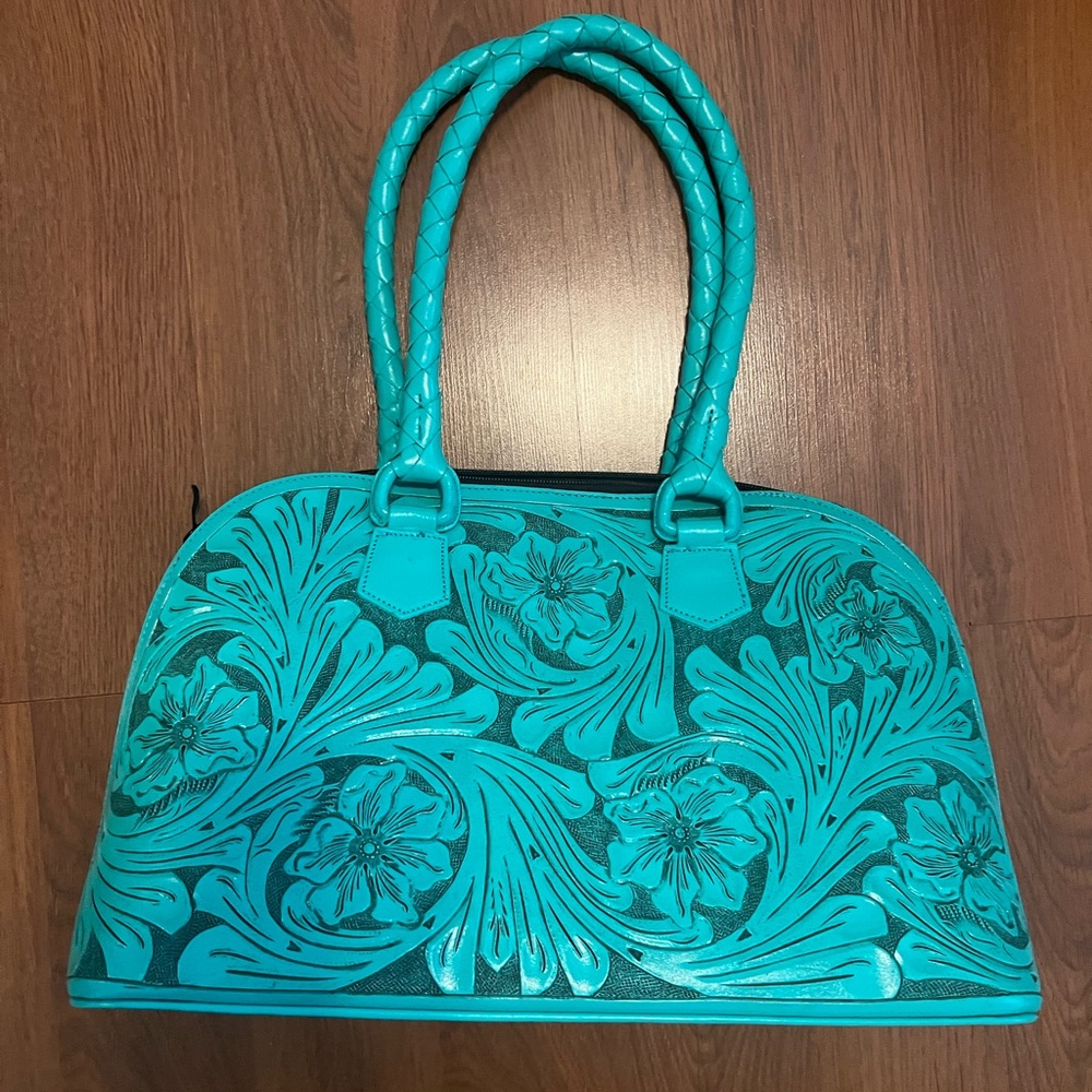 Hand made leather tooled Elegant Teal Floral Bag